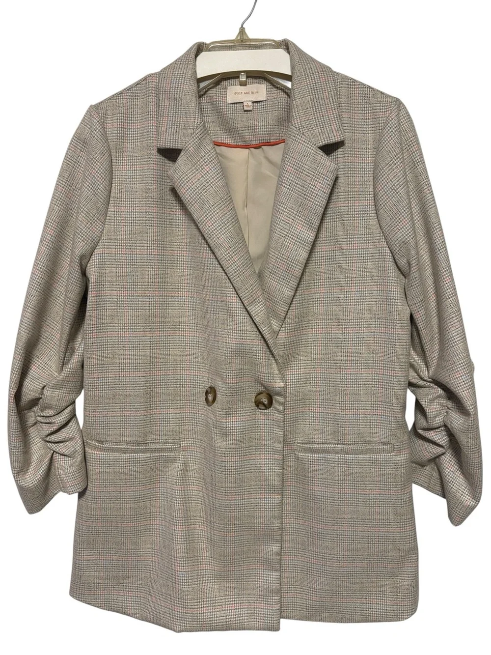 SKIES Are BLUE Plaid Blazer | Size L | Ruched Sleeve Double Button Jacket